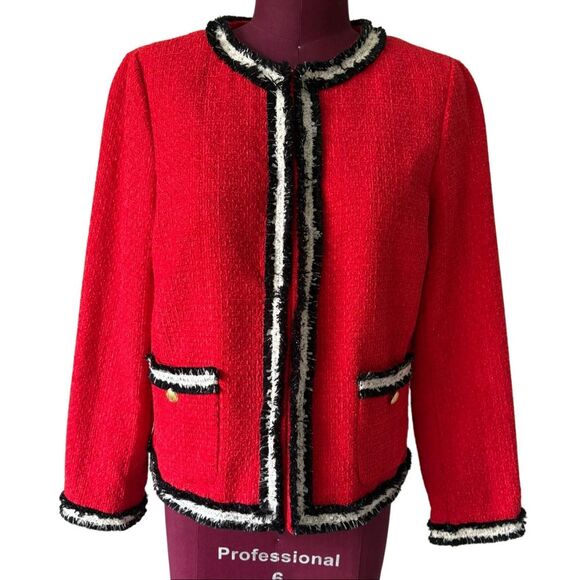 Talbots FRINGE STRIPE TWEED JACKET size 8 Petite Red Preppy - Picture 4 of 13
